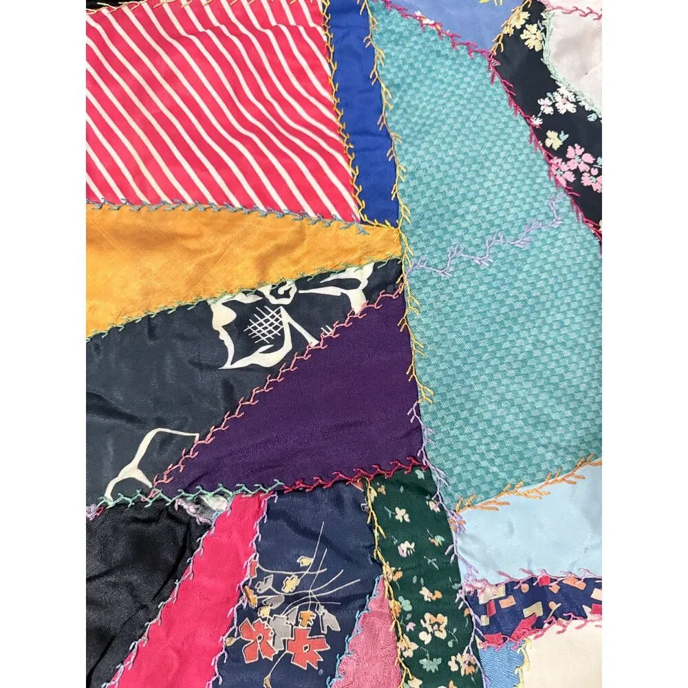 Antique Victorian Crazy Quilt Silk Satin Patchwork Hand Embroidered